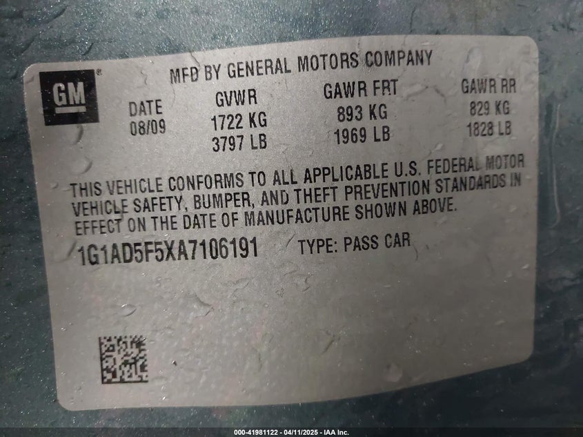 2010 CHEVROLET COBALT VIN: 1G1AD5F5XA7106191