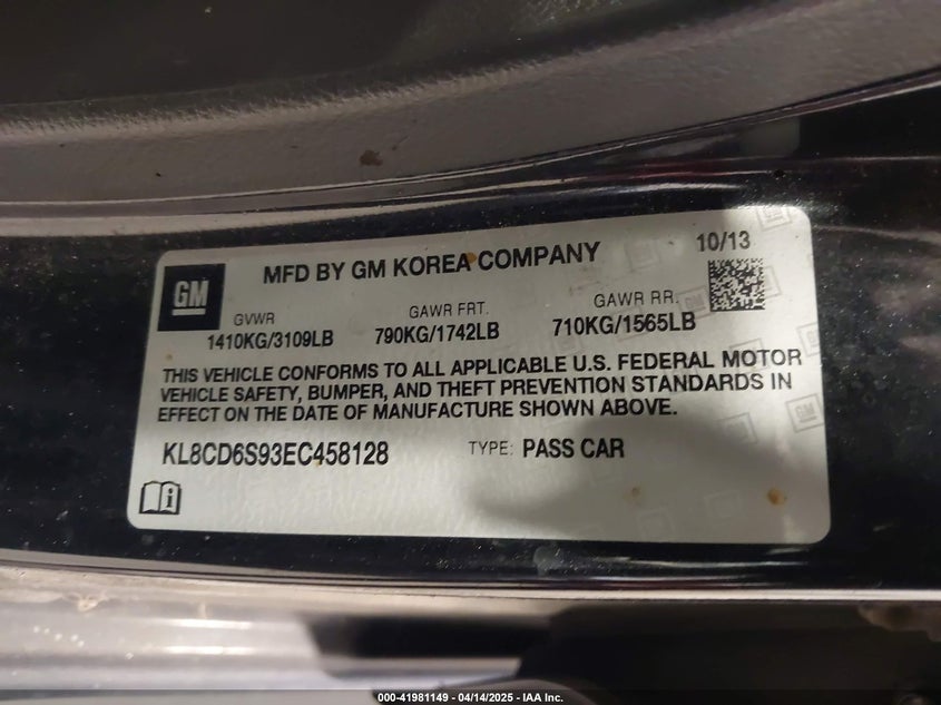 2014 CHEVROLET SPARK VIN: KL8CD6S93EC458128