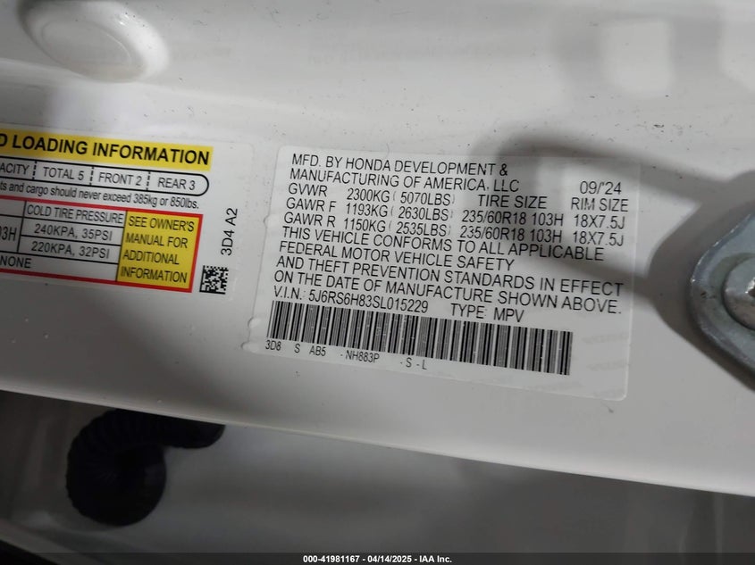 2025 HONDA CR-V VIN: 5J6RS6H83SL015229