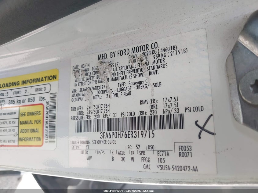 2014 FORD FUSION VIN: 3FA6P0H76ER319715