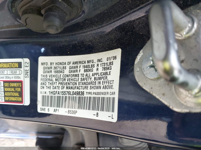2006 HONDA CIVIC VIN: 1HGFA15576L049836