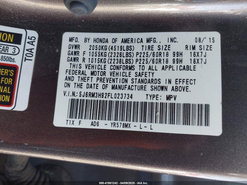 2015 HONDA CR-V TOURING - 5J6RM3H92FL023734