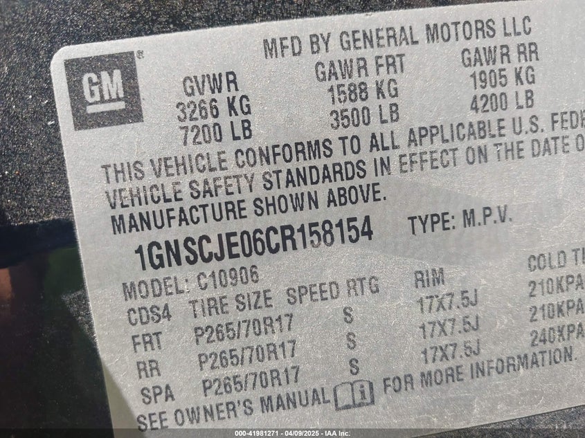 2012 CHEVROLET SUBURBAN 1500 VIN: 1GNSCJE06CR158154
