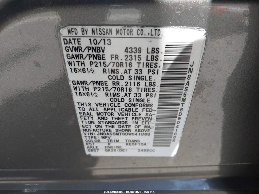 2013 NISSAN ROGUE VIN: JN8AS5MT6DW041868