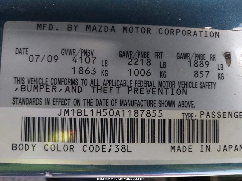 2010 MAZDA MAZDA3 VIN: JM1BL1H50A1187855