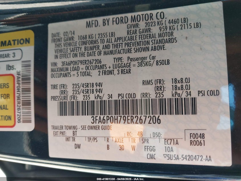 2014 FORD FUSION VIN: 3FA6P0H79ER267206