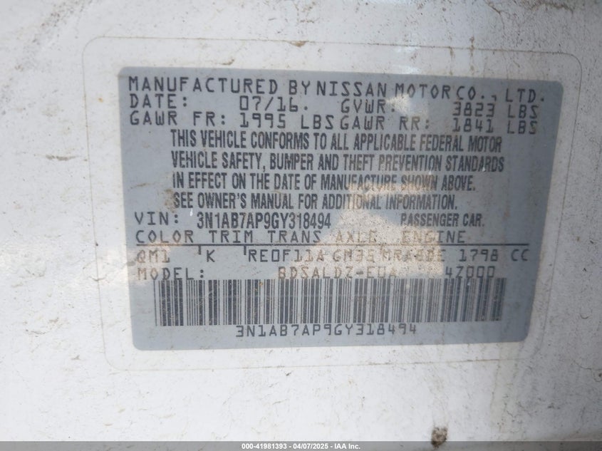 2016 NISSAN SENTRA VIN: 3N1AB7AP9GY318494