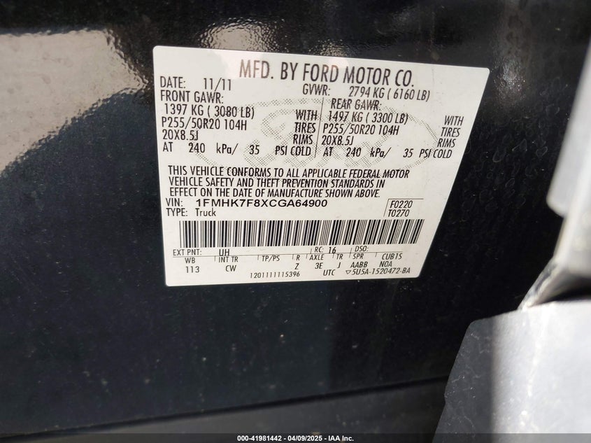 2012 FORD EXPLORER VIN: 1FMHK7F8XCGA64900