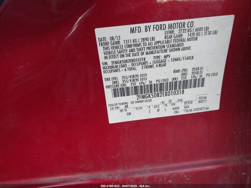 2014 FORD FLEX VIN: 2FMGK5D82EBD10318