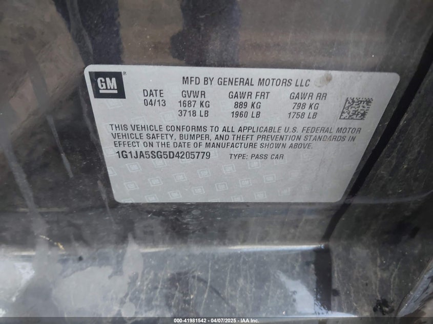 2013 CHEVROLET SONIC VIN: 1G1JA5SG5D4205779
