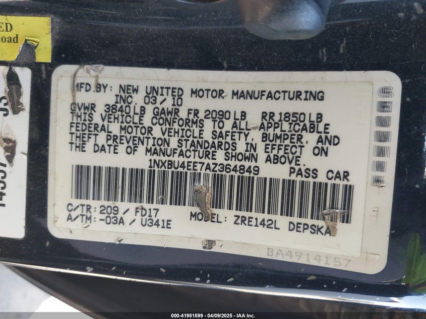 2010 TOYOTA COROLLA VIN: 1NXBU4EE7AZ364849