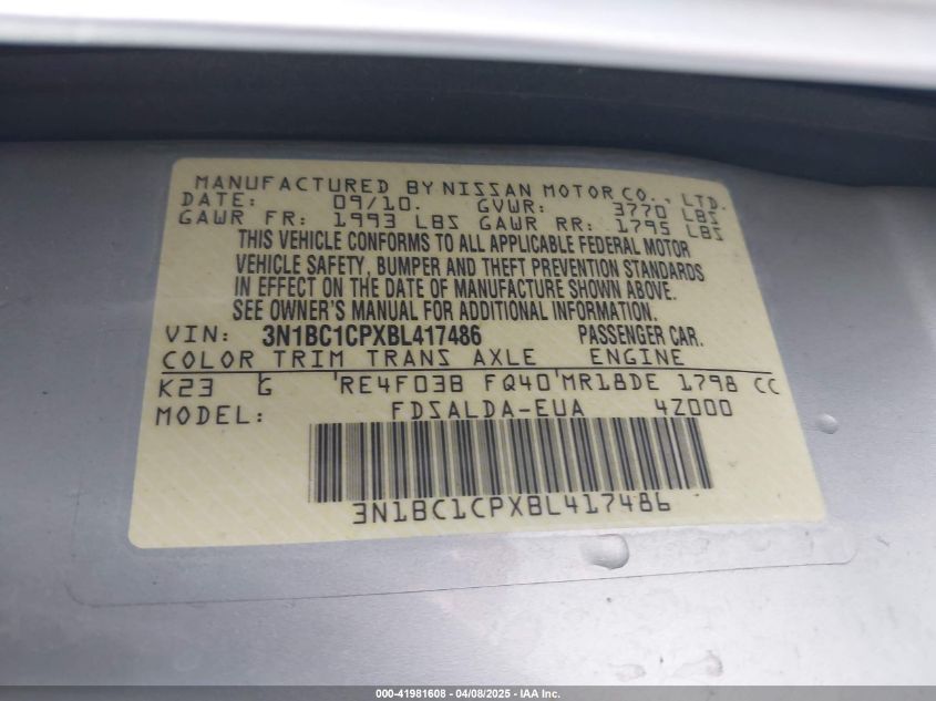 2011 Nissan Versa 1.8S VIN: 3N1BC1CPXBL417486 Lot: 41981608