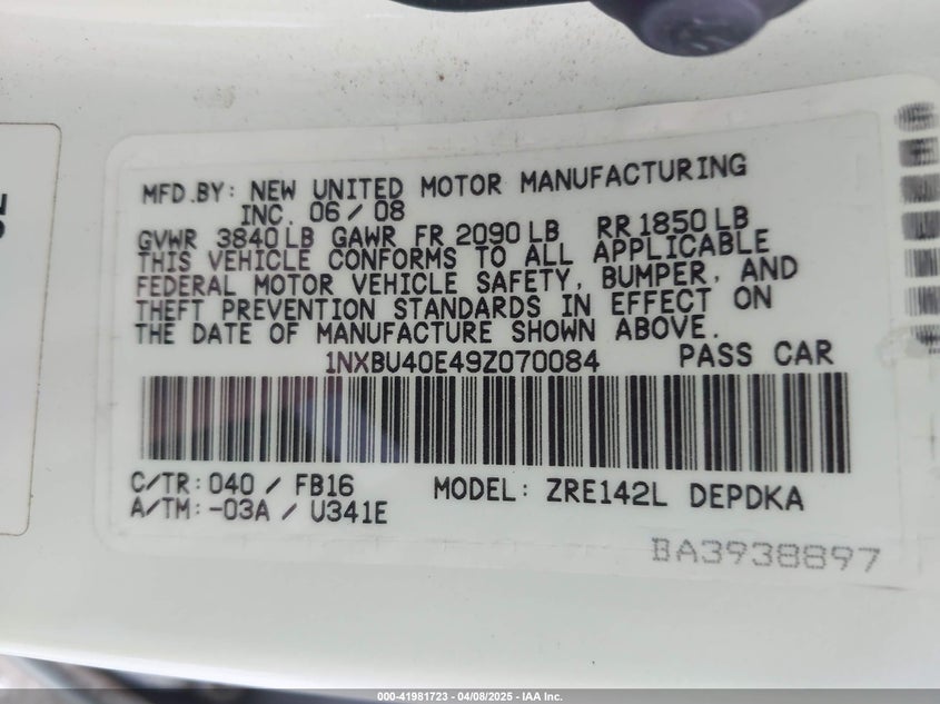 2009 TOYOTA COROLLA VIN: 1NXBU40E49Z070084