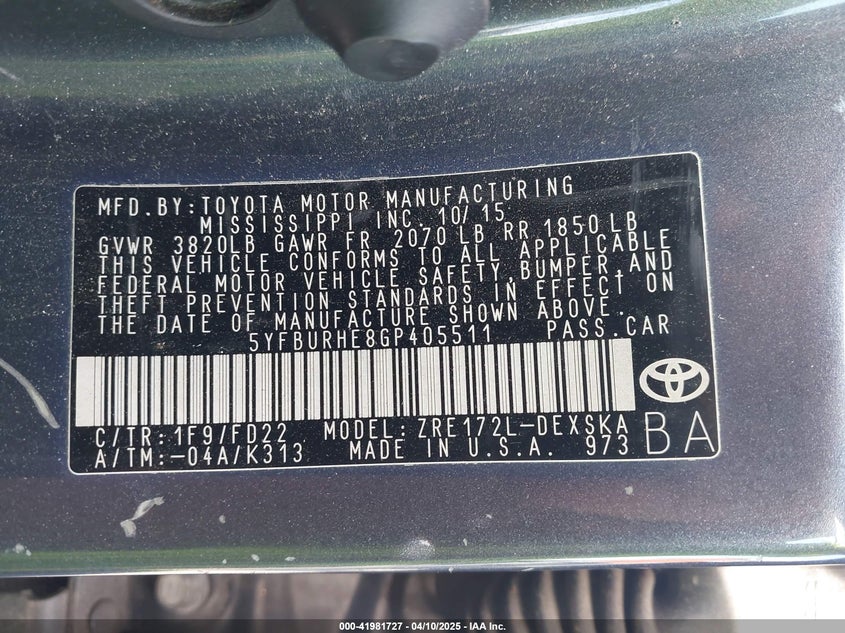 2016 TOYOTA COROLLA VIN: 5YFBURHE8GP405511