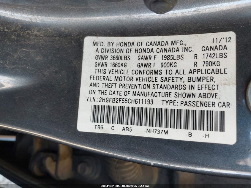 2012 HONDA CIVIC VIN: 2HGFB2F55CH611193