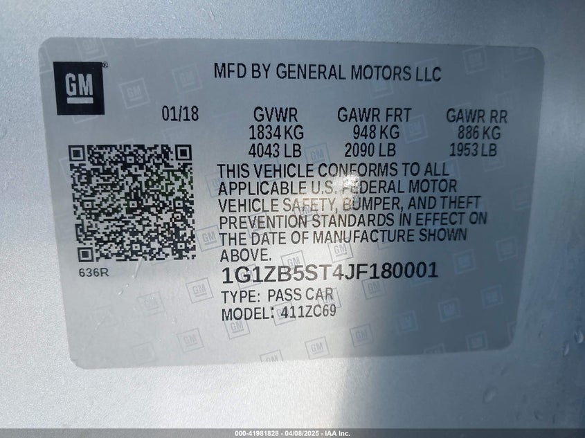 2018 CHEVROLET MALIBU VIN: 1G1ZB5ST4JF180001