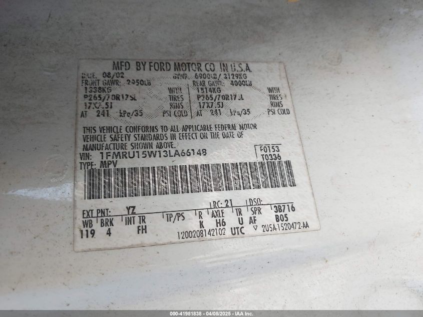 2003 Ford Expedition Xlt VIN: 1FMRU15W13LA66148 Lot: 41981838