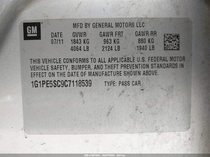 2012 CHEVROLET CRUZE VIN: 1G1PE5SC9C7118539