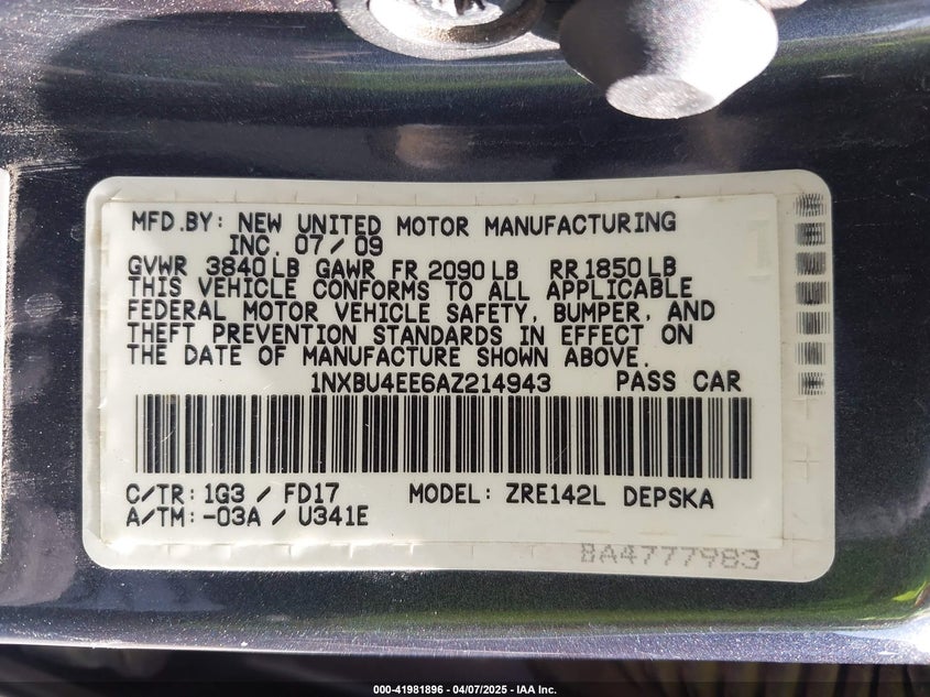 2010 TOYOTA COROLLA VIN: 1NXBU4EE6AZ214943