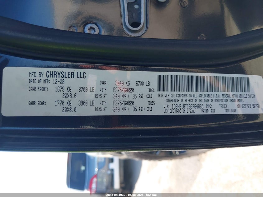 2009 DODGE RAM 1500 VIN: 1D3HB18T19S764885