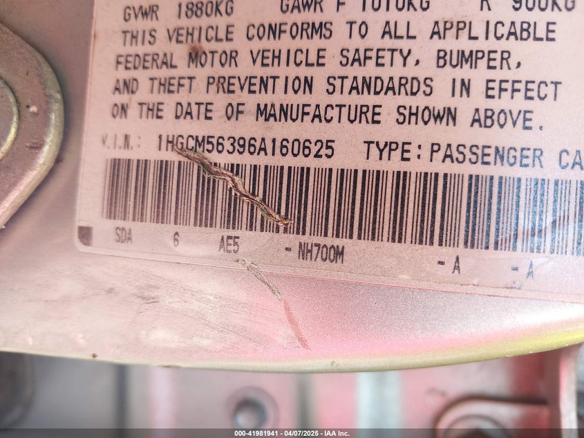 2006 HONDA ACCORD VIN: 1HGCM56396A160625
