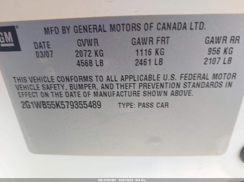 2007 CHEVROLET IMPALA VIN: 2G1WB55K579355489