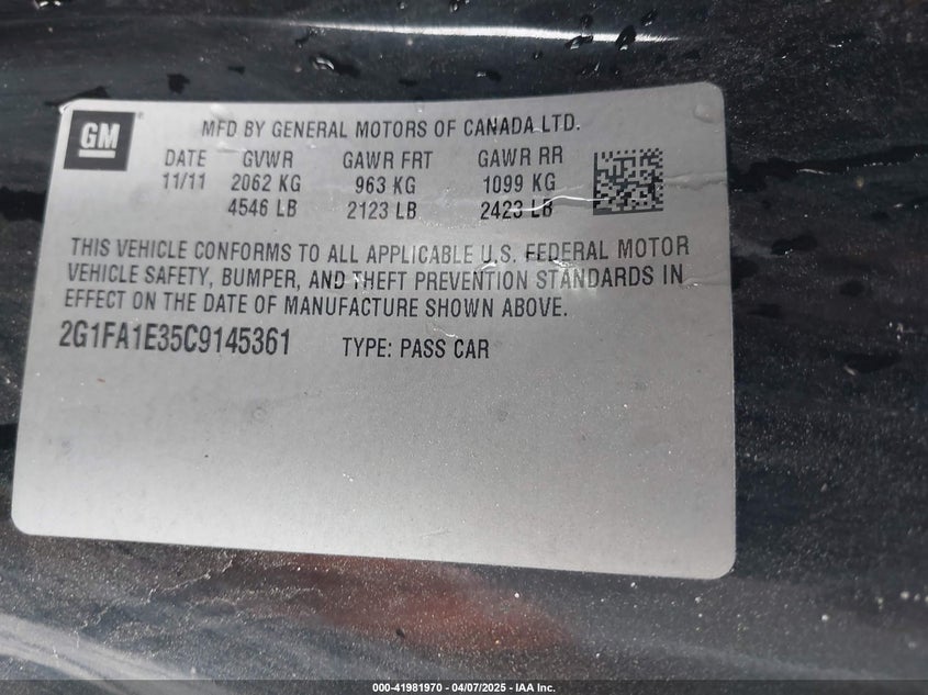 2012 CHEVROLET CAMARO VIN: 2G1FA1E35C9145361