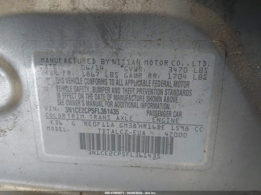 2015 NISSAN VERSA NOTE VIN: 3N1CE2CP5FL361435