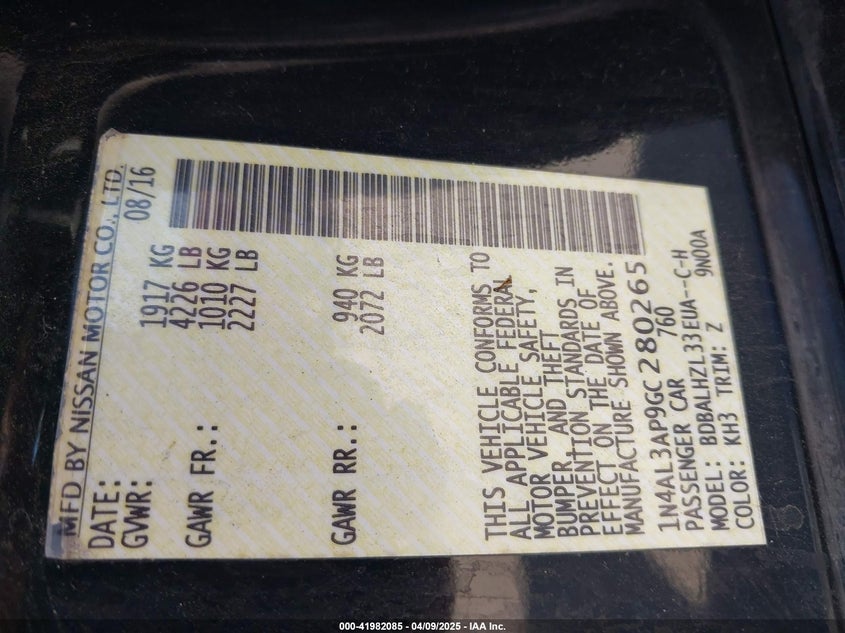 2016 NISSAN ALTIMA VIN: 1N4AL3AP9GC280265