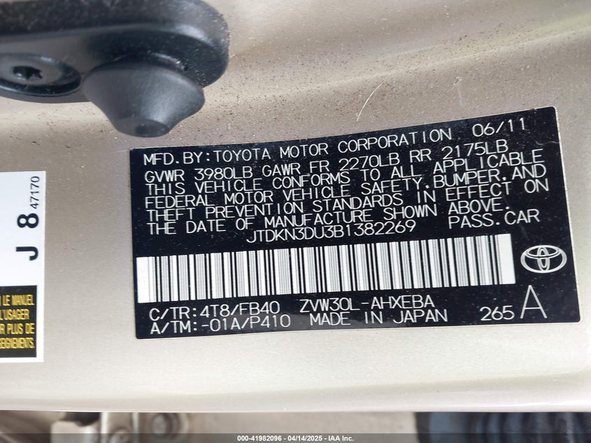 2011 TOYOTA PRIUS VIN: JTDKN3DU3B1382269