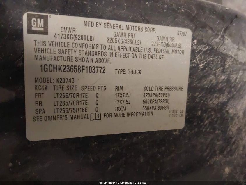2008 Chevrolet Silverado 2500Hd Ltz VIN: 1GCHK23658F103772 Lot: 41982119