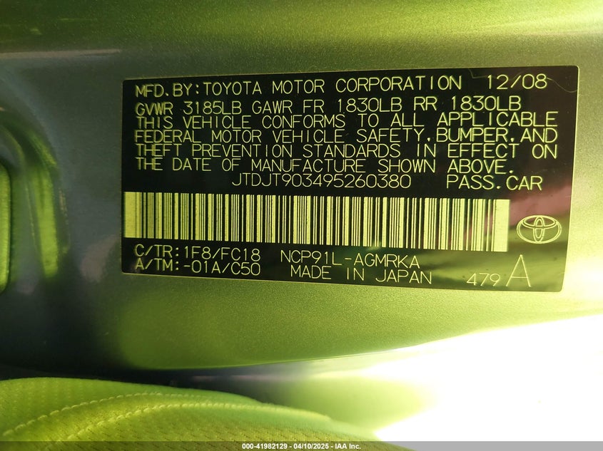 2009 TOYOTA YARIS VIN: JTDJT903495260380