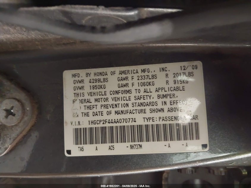 2010 HONDA ACCORD VIN: 1HGCP2F44AA070774