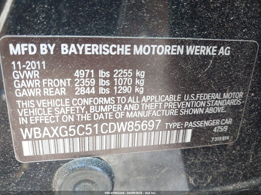 2012 BMW 528I VIN: WBAXG5C51CDW85697