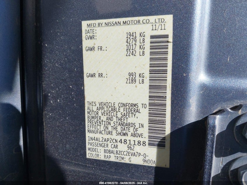 2012 NISSAN ALTIMA VIN: 1N4AL2AP2CN481188