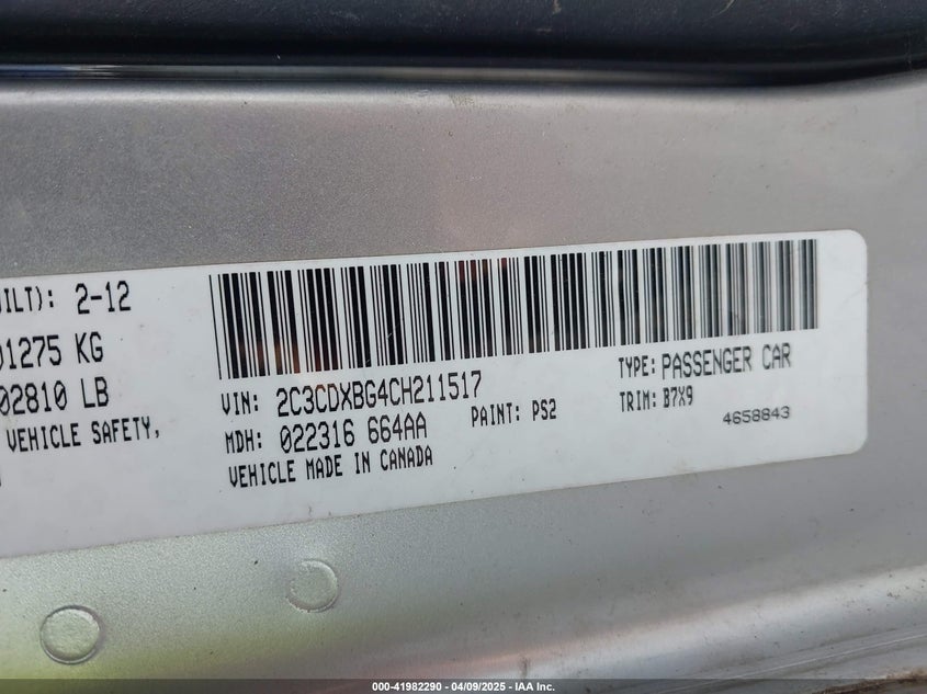 2012 DODGE CHARGER VIN: 2C3CDXBG4CH211517