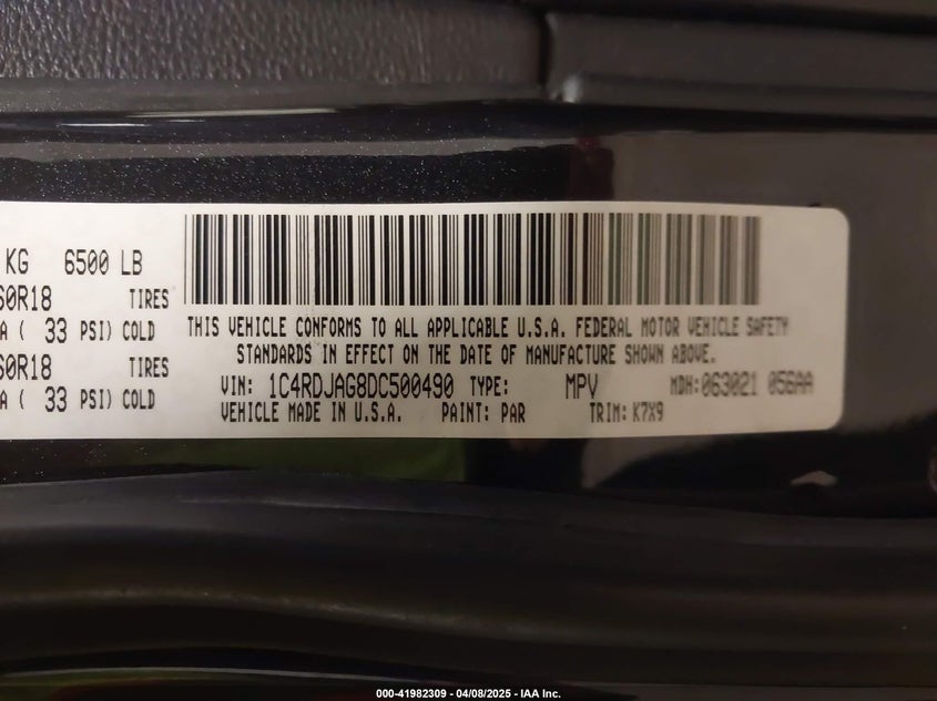 2013 DODGE DURANGO VIN: 1C4RDJAG8DC500490