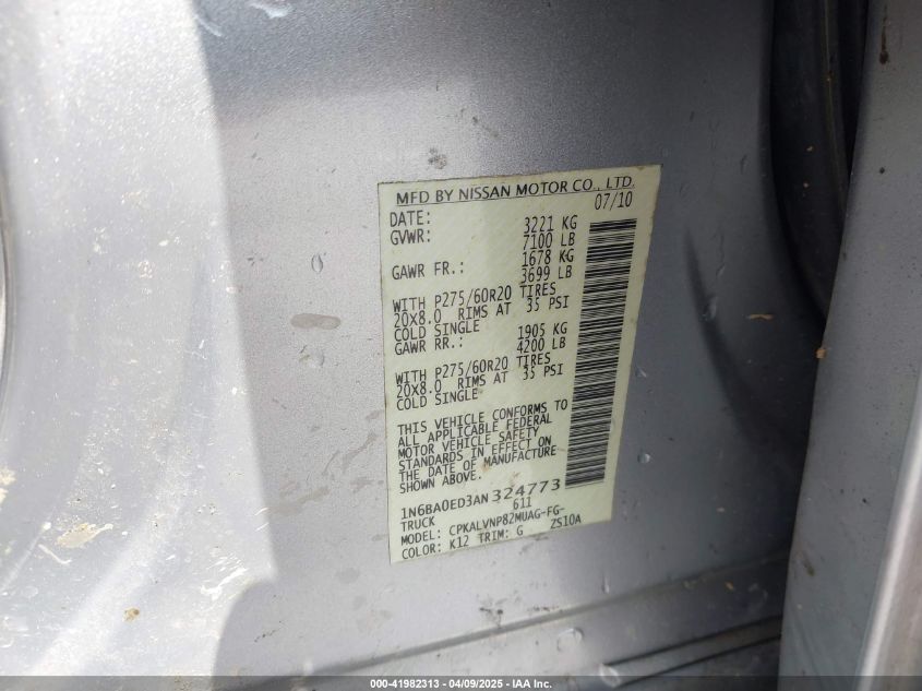 2010 Nissan Titan Le VIN: 1N6BA0ED3AN324773 Lot: 41982313