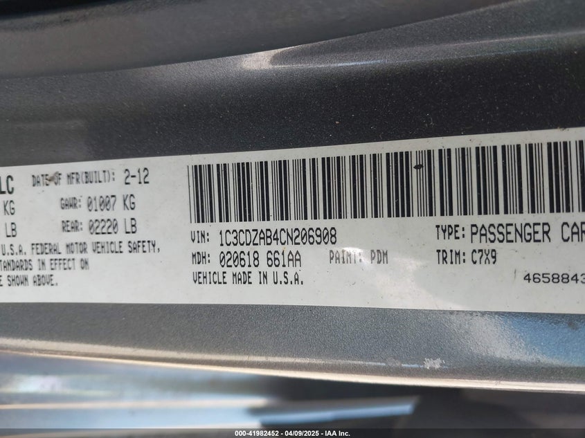 2012 DODGE AVENGER VIN: 1C3CDZAB4CN206908