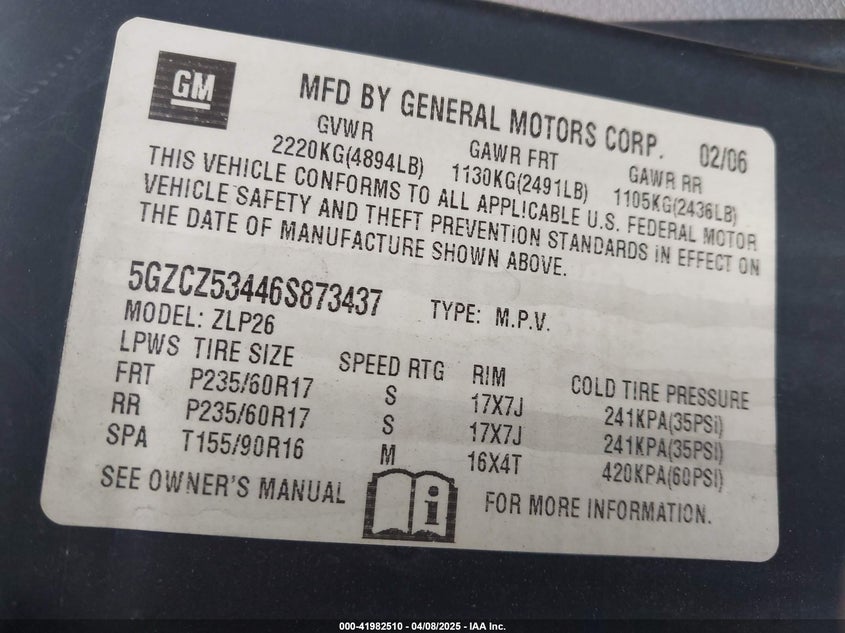 2006 SATURN VUE VIN: 5GZCZ53446S873437