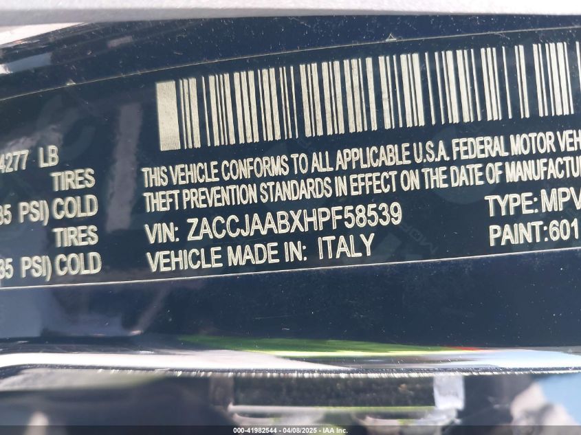 2017 Jeep Renegade Sport Fwd VIN: ZACCJAABXHPF58539 Lot: 41982544