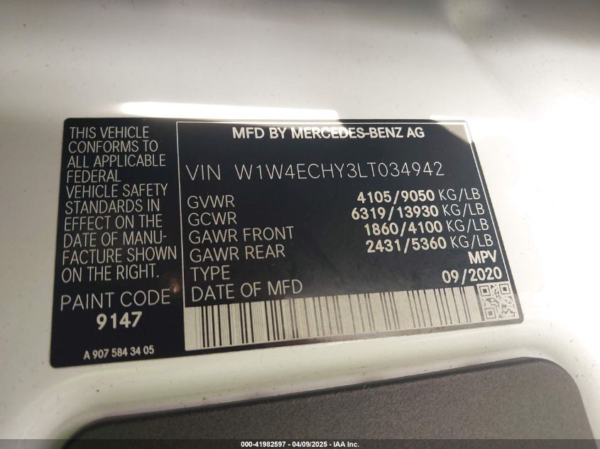 2020 Mercedes-Benz Sprinter 2500 High Roof V6 VIN: W1W4ECHY3LT034942 Lot: 41982597