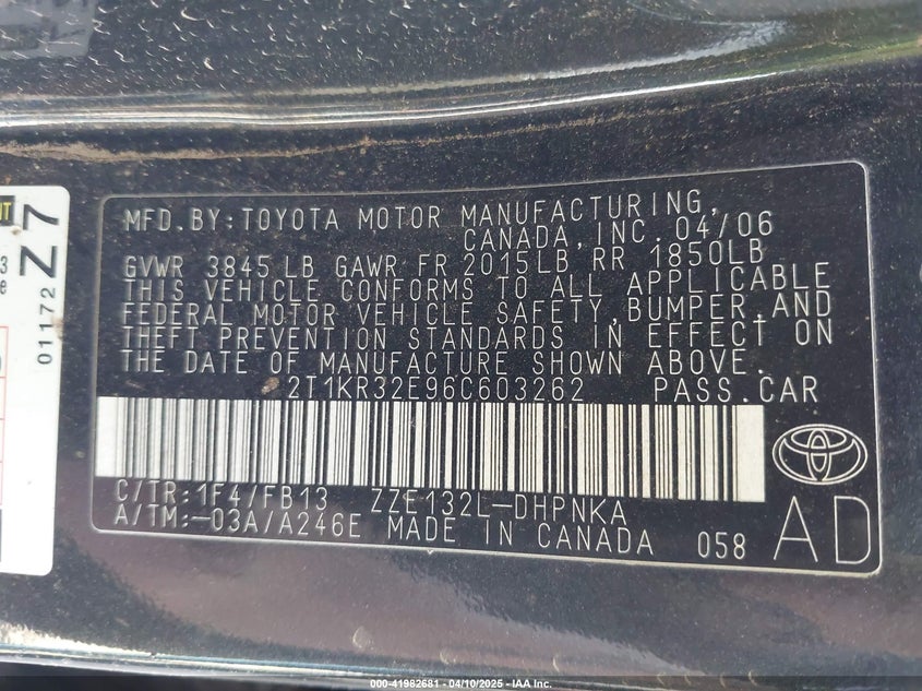 2006 TOYOTA MATRIX VIN: 2T1KR32E96C603262