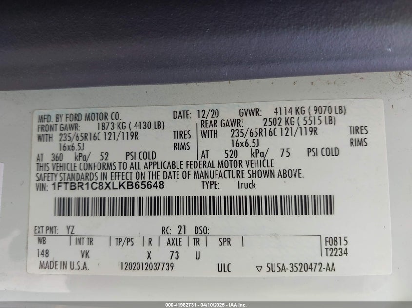 2020 FORD TRANSIT-250 VIN: 1FTBR1C8XLKB65648