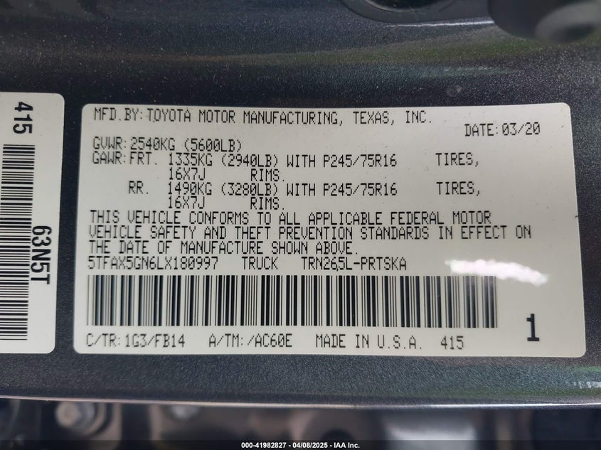 2020 TOYOTA TACOMA VIN: 5TFAX5GN6LX180997