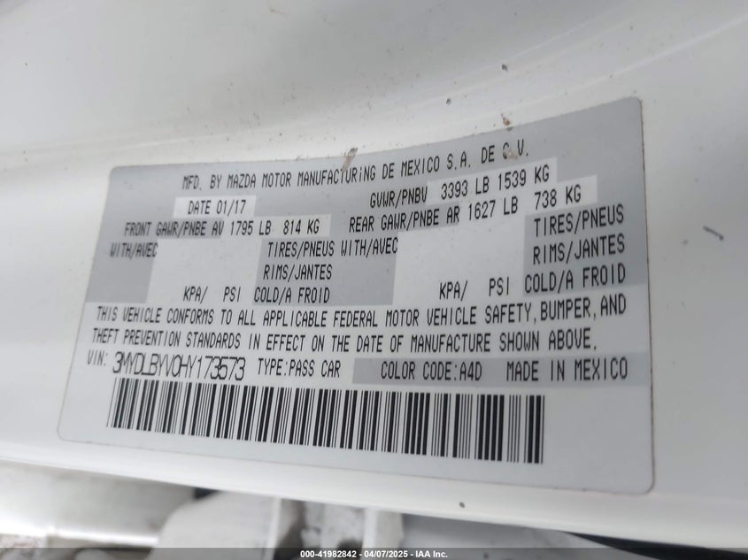2017 TOYOTA YARIS IA VIN: 3MYDLBYV0HY173573