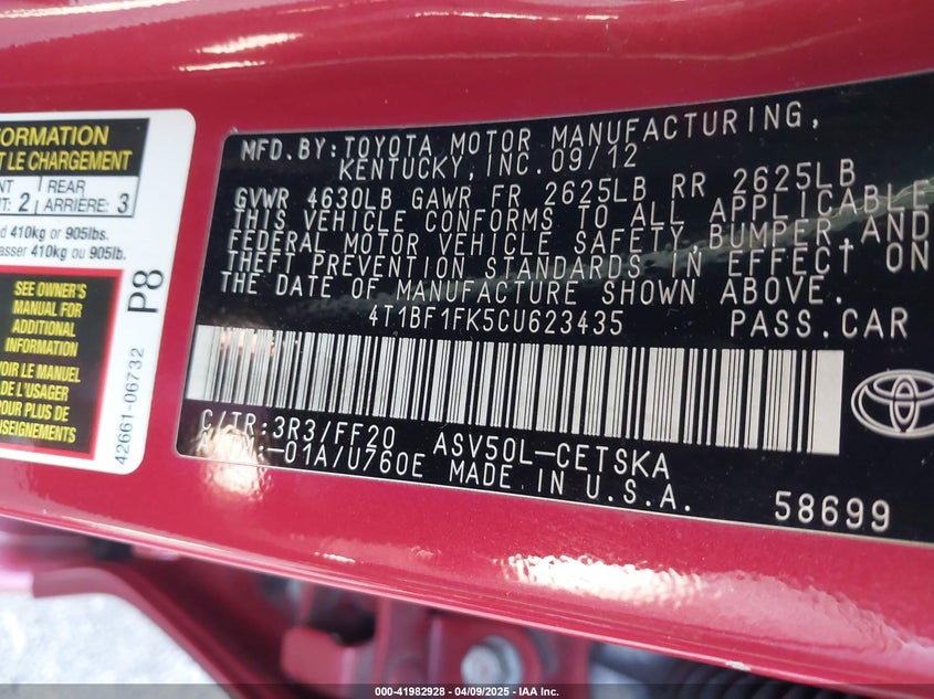 2012 TOYOTA CAMRY VIN: 4T1BF1FK5CU623435