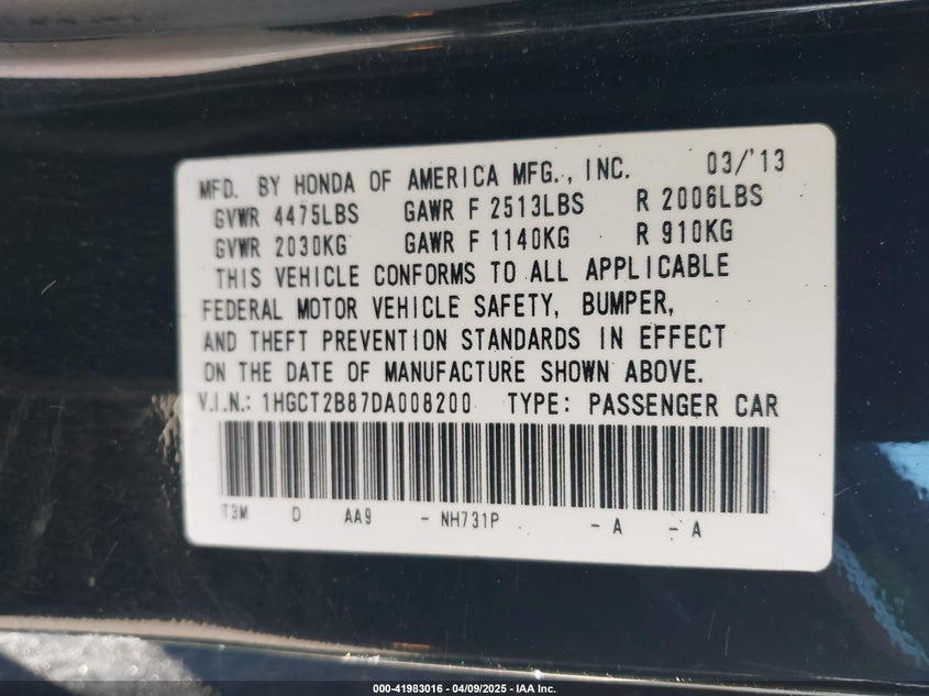 2013 HONDA ACCORD VIN: 1HGCT2B87DA008200