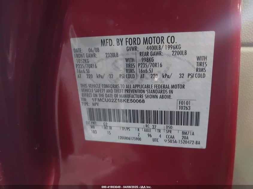 2008 FORD ESCAPE VIN: 1FMCU02Z18KE50068