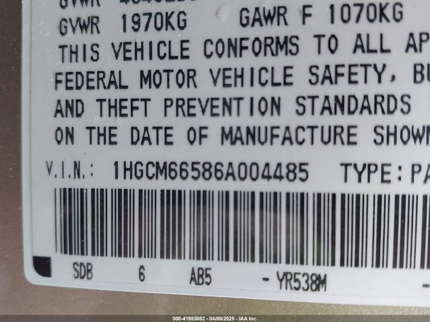2006 Honda Accord VIN: 18GCM66586A004485 Lot: 41983082